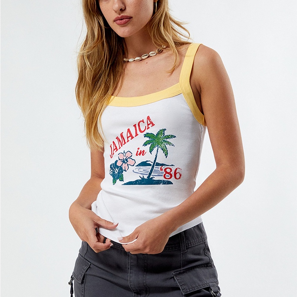 🤍PacSun Jamaica in 86’ Graphic White and Yellow Trim Fitted Tank Top